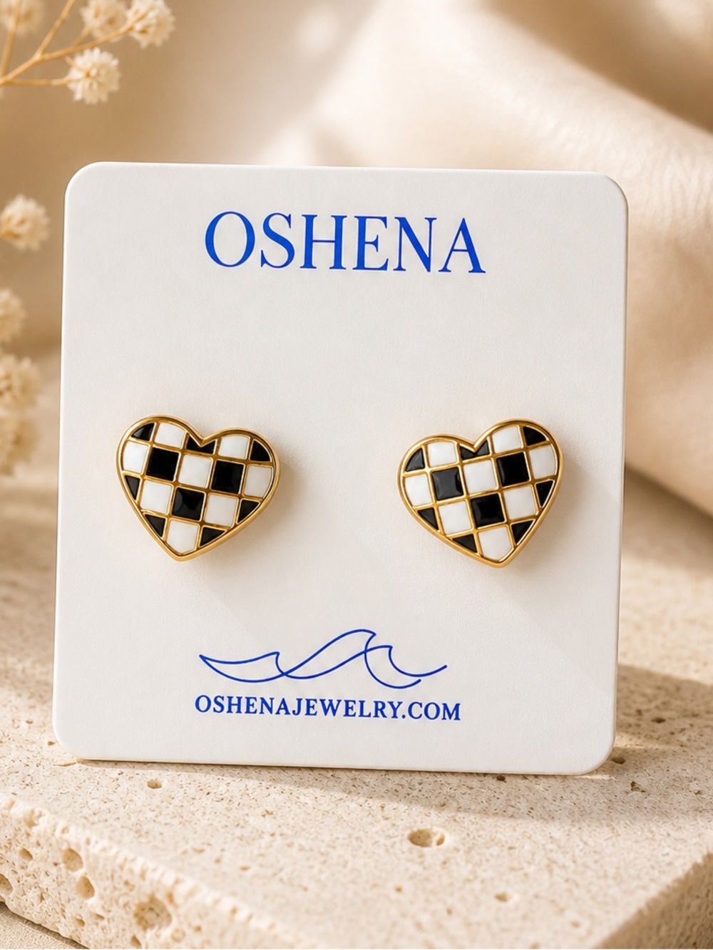 NWT OSHENA Gold & Black Checker Heart Stud Earrings - Picture 2 of 2